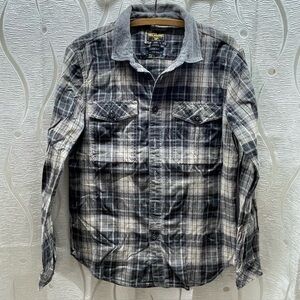 Billabong Surfplus Flannel Shirt Mens Medium Grey Plaid Corduroy Collar Stretch
